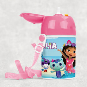 Sticlă cu pai pentru fetiţe Casa de păpuşi a lui Gabby, personalizată cu nume, 400ml, culoare roz