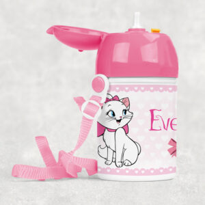 Sticle apă cu pai pentru copii cu Pisica marie, personalizată cu nume, 400ml, culoare roz, cadou copii