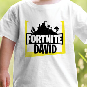 Tricou Fortnite pentru copii, personalizat cu nume, rezistent la spălări, regular fit, bumbac 100%, culoare alb/negru, model 2