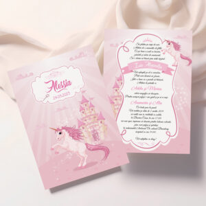 Invitaţie botez fetiţe Unicorn şi Castel, 17x12cm, plic inclus, carton lucios premium 300g, culoare roz
