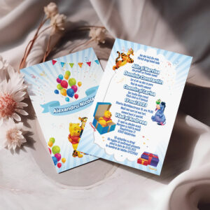 Invitaţii de botez cu Winnie, 17x12cm tip card, carton lucios premium 300g, culoare albastru