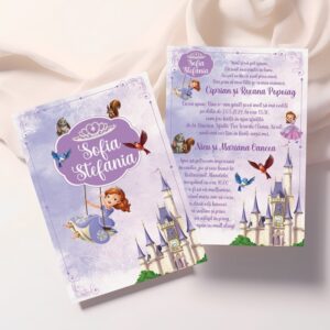 Invitaţie cu Prinţesa Sofia pentru botez, 17x12cm, carton lucios premium 300g, culoare mov