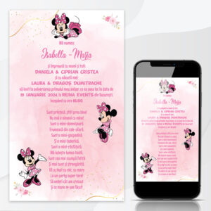 Invitaţie online cu Minnie Mouse, culori roz cu auriu
