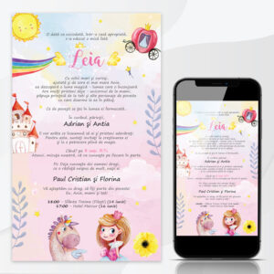 Invitaţie online Prinţesa Unicorn pentru botez sau aniversări, multicolor