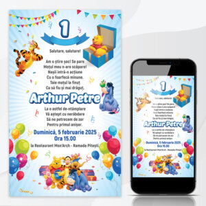 Invitaţie online cu Winnie the Pooh, invitatie aniversare, culoare albastru, livrare rapidă