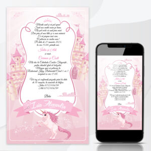 Invitaţie online botez cu Unicorn şi Castel, culoare roz