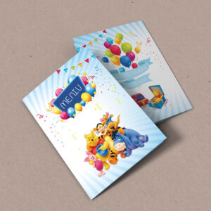 Meniu cu Winnie the Pooh pentru botez, carton lucios de lux 300g, 20x14cm, culoare albastru