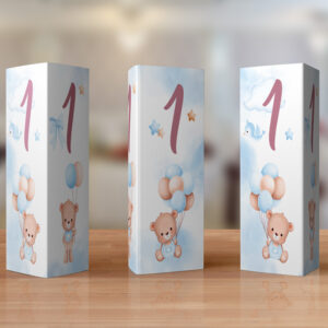 Numere de masă cu Ursuleţ şi baloane, 20x9cm, carton lucios 240g, fundal bleu