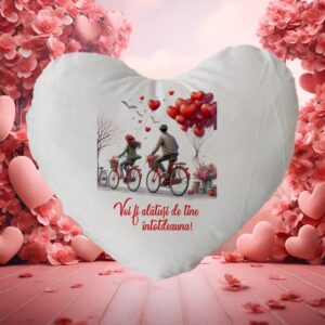Pernă Îndrăgostiţi pe Biciclete cu baloane inima, personalizată cu mesaj, forma de inima, Valentine's Day, material moale