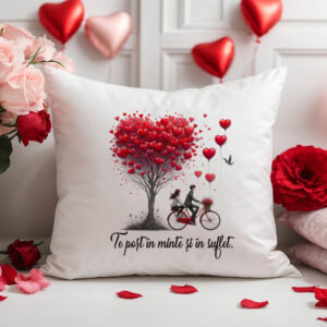 Pernă Valentine's cu mesaj, Copac cu inimi şi îndrăgostiţi pe Bicicletă cu baloane inima, 40x40cm, Valentine’s Day, material moale