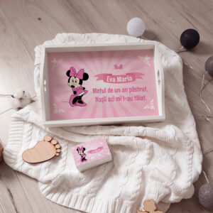 Tavita mot Minnie Mouse personalizată, tăiere de moţ pentru fetiţe, 35x23x6cm, transfer pe lemn