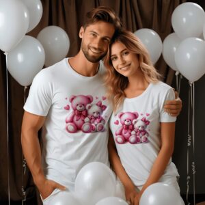 Set de tricouri Valentine's Day, Teddy Bears Love, Bumbac 100%, Regular Fit, imprimeu rezistent, culoare alb
