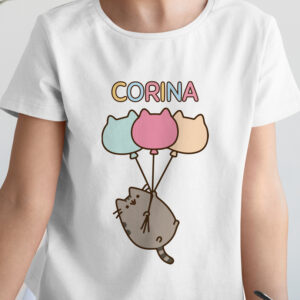 Tricou personalizat Pusheen cu nume, rezistent la spălări, Regular Fit, bumbac 100%, culoare alb