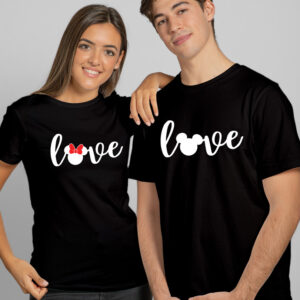Tricouri Love Valentines Mickey şi Minnie, bumbac 100%, regular fit, culoare negru, imprimeu rezistent la spălări