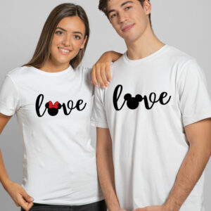 Tricouri Love Valentines Mickey şi Minnie, bumbac 100%, regular fit, culoare alb, imprimeu rezistent la spălări