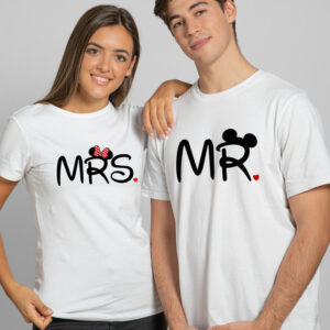 Tricouri Valentines Mr and Mrs Mouse, bumbac 100%, regular fit, culoare alb, imprimeu rezistent la spălări