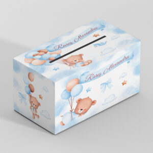 Cutie plicuri Ursuleţ şi Baloane, carton fotografic 300g, 33x23x23cm, fundal bleu watercolor