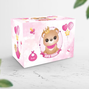 Cutie pentru plicuri de bani cu Ursuleţ şi coroană pentru fetiţe, fundal roz, carton fotografic lucios 300g, 33x23x23cm