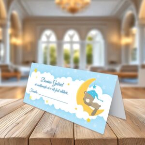 Plicuri bani botez Ursuleţul Adormit, 2 în 1 tip place card, 20x9cm, culoare albastru, carton lucios fotografic 240g