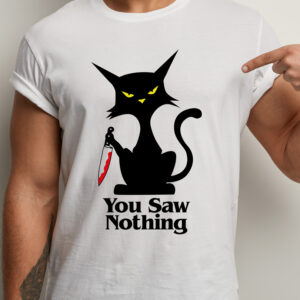 Tricou Killer Cat "You Saw Nothing", imprimeu cu pisica nervoasă care ţine un cuţit însângerat, regular fit, culoare alb, bumbac 100%