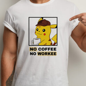 Tricou No Coffee No Workee Pikachu, bumbac 100%, regular fit, culoare alb/negru