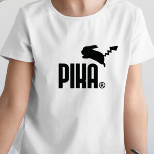 Tricou Pika Pokemon în stil Puma, personalizat cu nume, regular fit, bumbac 100%, imprimeu rezistent, culoare alb