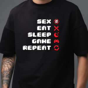 Tricou cu mesaj Sex Eat Sleep Game Repeat, bumbac 100%, Regular fit, culoare alb/negru