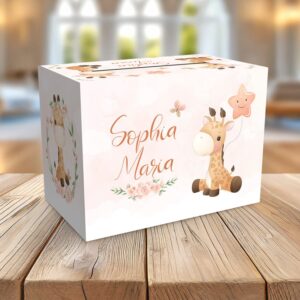 Cutie pentru plicuri bani Girafa cu balon stea, fundal roz, carton fotografic 300g, 33x23x23cm