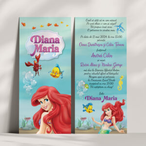 Invitaţie de botez cu Mica Sirenă Ariel pentru fetiţe, 9,5x20cm, plic inclus, carton lucios premium 300g, fundal watercolors