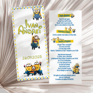 Invitaţie cu Minioni pentru botez, DL 20x9cm, carton lucios premium 300g, plic inclus, culoare galben cu albastru