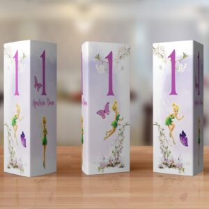 Numere de masă pentru botez cu Clopoţica şi flori Gerbera, carton lucios 240g/m², 28x19cm
