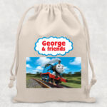 Săculeţ pentru grădiniţă cu trenuleţul Thomas, personalizat cu nume, 37x36cm, bumbac, culoare crem