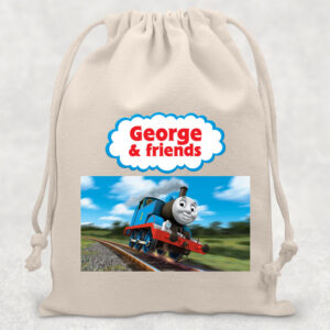 Săculeţ pentru grădiniţă cu trenuleţul Thomas, personalizat cu nume, 37x36cm, bumbac, culoare crem