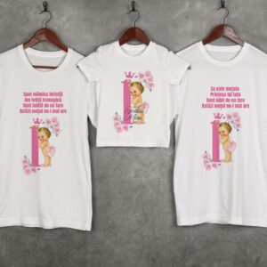 Set de tricouri Mica Prinţesă, tăiere de moţ, personalizate cu nume sau text, culoare alb, bumbac 100%, Regular Fit
