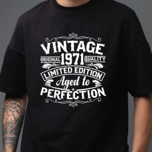 Tricou personalizat cu anul naşterii cu imprimeu "Vintage Original Quality Limited Edition Aged to Perfection", bumbac 100%, regular fit, culoare negru