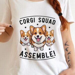 Tricou cu câini Corgi Squad Assemble pentru iubitorii de animale, bumbac 100%, Regular Fit, culoare alb
