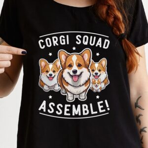 Tricou cu câini Corgi Squad Assemble pentru iubitorii de animale, bumbac 100%, Regular Fit, culoare negru
