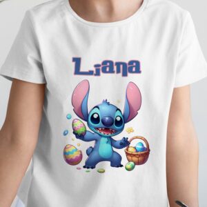 Tricou de Paşte cu Stitch, personalizat cu nume pentru copii, bumbac 100%, culoare alb