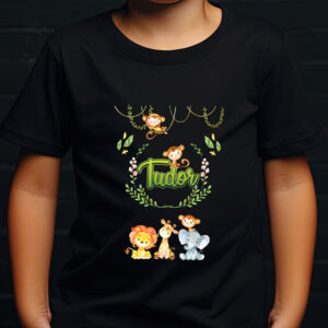 Tricou Safari animăluţe personalizat pentru copii, bumbac 100%, regular fit, imprimeu rezistent, culoare negru