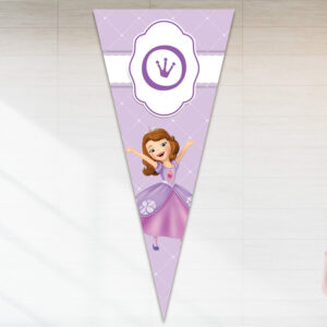 Ghirlandă cu Prinţesa Sofia pentru evenimente, 28x13cm, formă triunghi, carton fotografic Premium 240g, culoare mov