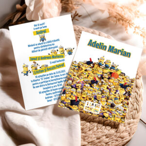 Invitaţii de botez cu Minioni, 17x12cm, carton lucios premium 300g, plic inclus în preţ, culoare albastru