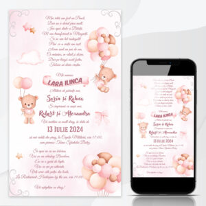 Invitaţie online pentru fetiţe cu Ursuleţ cu buchet de Baloane, fundal roz #11