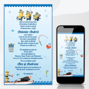 Invitaţie online cu Minioni pescari pentru băieţei, culoare albastru