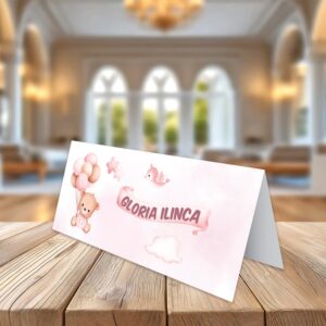 Plicuri de bani pentru fetiţe cu Ursuleţ cu Baloane, fundal roz, folosit si ca place card, 20x9cm, carton lucios 240g