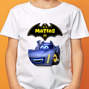 Tricou Batwheels Batman personalizat cu nume pentru copii, bumbac 100%, imprimeu rezistent, culoare alb