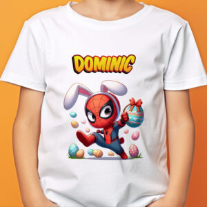 Tricou de Paşte cu Spiderman pentru copii, personalizat cu nume, bumbac 100%, culoare alb