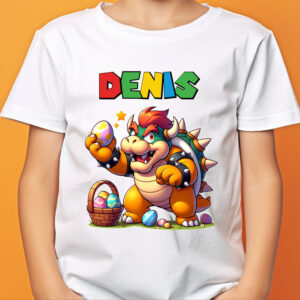 Tricou de Paşte cu Super Mario Bowser pentru copii, personalizat cu nume, bumbac 100%, culoare alb