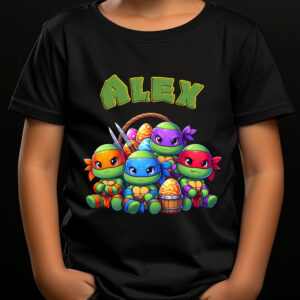 Tricou de Paşte cu Ţestoasele Ninja pentru copii, personalizat cu nume, bumbac 100%, culoare negru