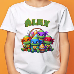 Tricou de Paşte cu Ţestoasele Ninja pentru copii, personalizat cu nume, bumbac 100%, culoare alb