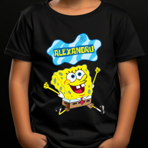 Tricou cu Spongebob personalizat cu nume pentru copii, rezistent la spălări, bumbac 100%, regular fit, culoare negru